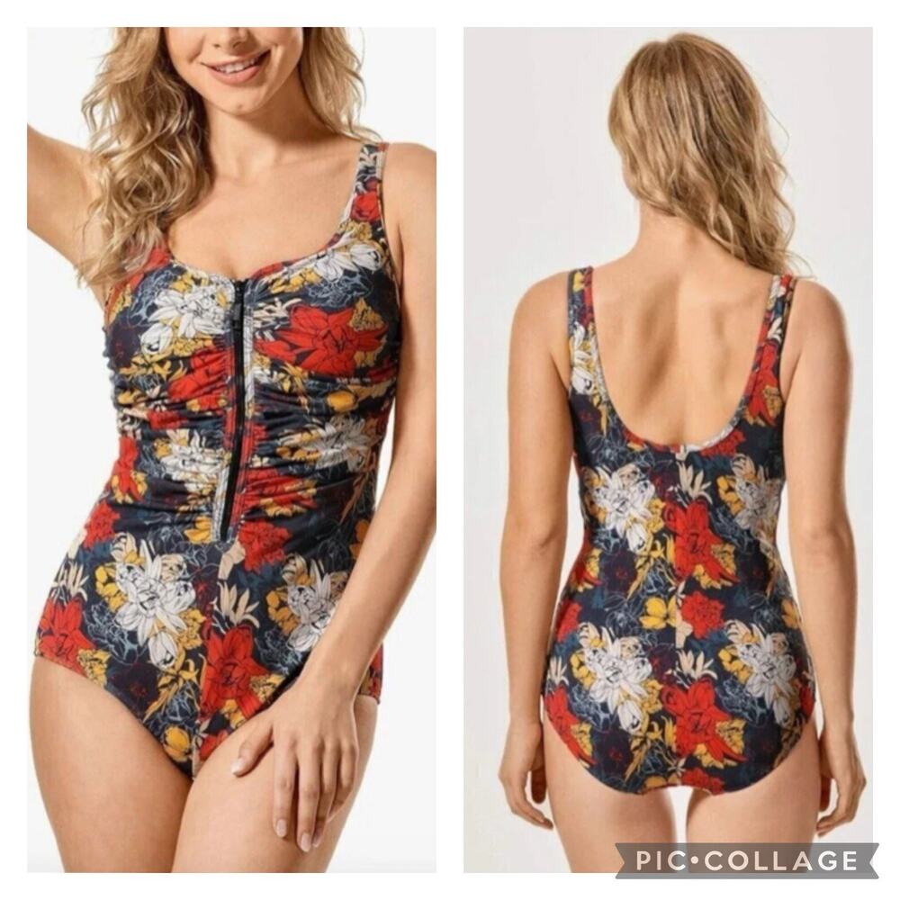 Delimira Floral Zip Front One Piece Swimsuit Tummy Control Size 14W - Picture 1 of 8